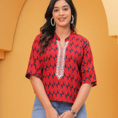 Geometric Print Mandarin Collar Cotton Top