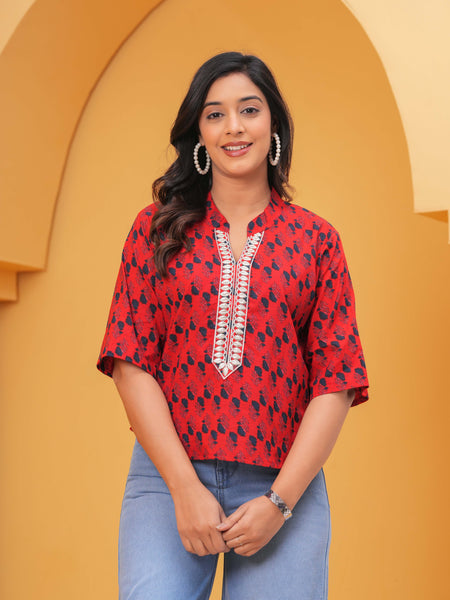 Geometric Print Mandarin Collar Cotton Top