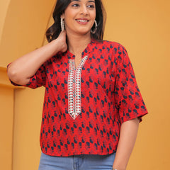 Geometric Print Mandarin Collar Cotton Top