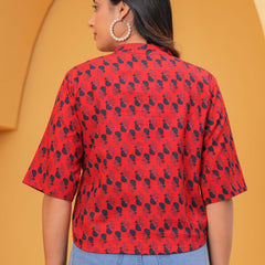Geometric Print Mandarin Collar Cotton Top