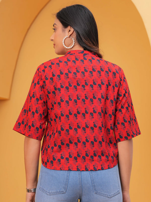Geometric Print Mandarin Collar Cotton Top