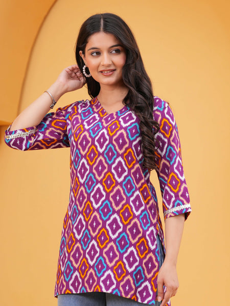 Geometric Printed V-Neck Cotton Kurti