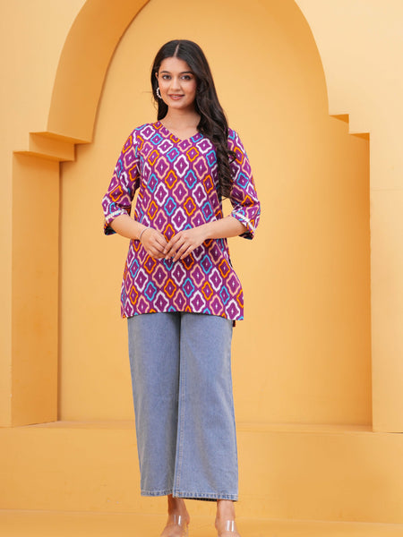 Geometric Printed V-Neck Cotton Kurti