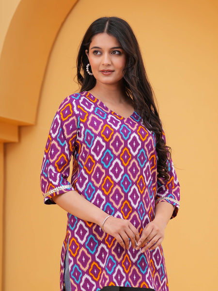 Geometric Printed V-Neck Cotton Kurti