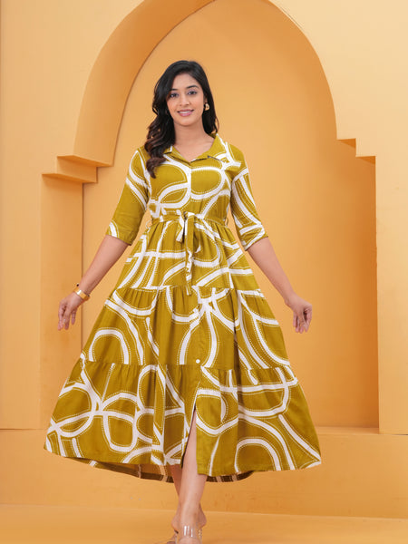 Printed A-Line Cotton Midi Dress