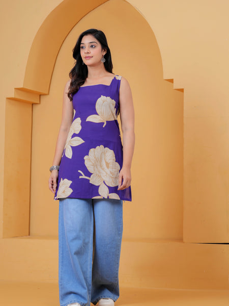 Blue Cotton Sleeveless Short Kurti