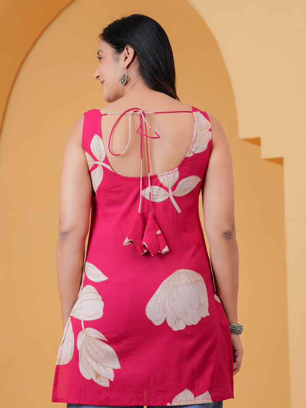 Pink Cotton Sleeveless Short Kurti