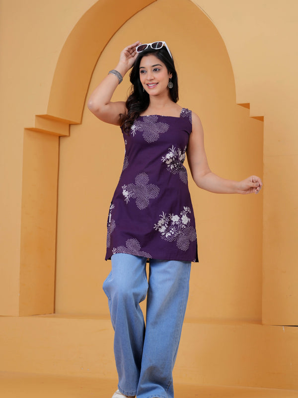 Purple Cotton Sleeveless Printed Short Kurti