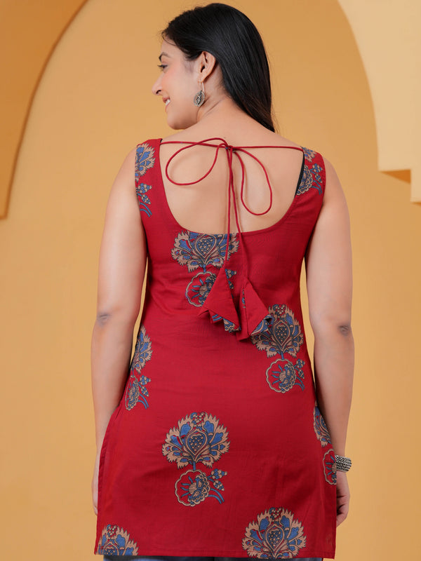Women’s Red Cotton Sleeveless Short Kurti with Square Neck