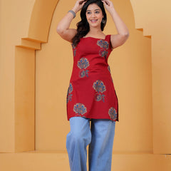 Women’s Red Cotton Sleeveless Short Kurti with Square Neck