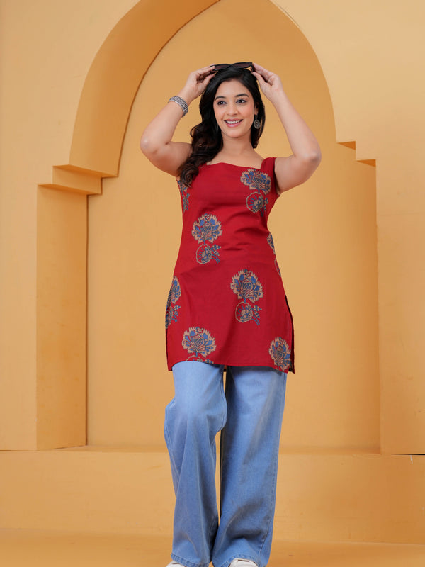 Women’s Red Cotton Sleeveless Short Kurti with Square Neck