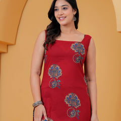 Women’s Red Cotton Sleeveless Short Kurti with Square Neck