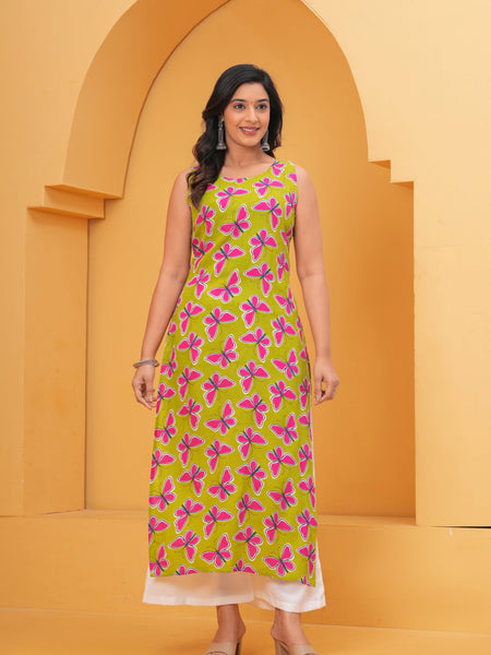 Women Floral Printed Sleeveless Cotton Kurta