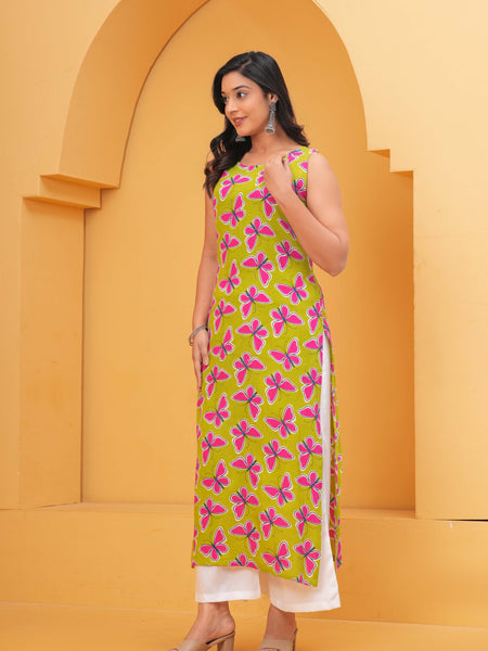 Women Floral Printed Sleeveless Cotton Kurta