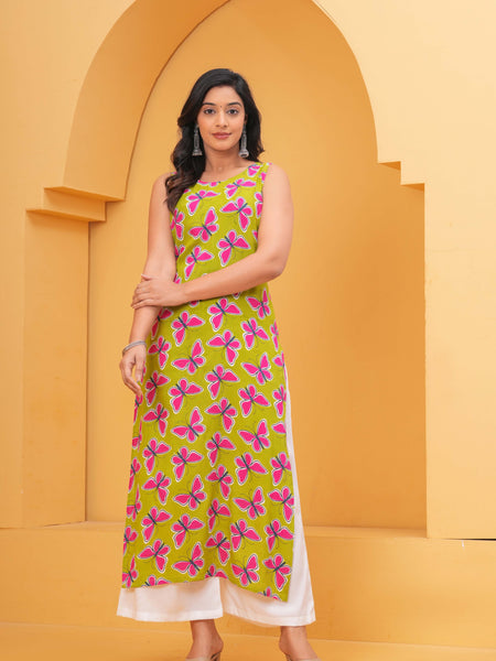 Women Floral Printed Sleeveless Cotton Kurta