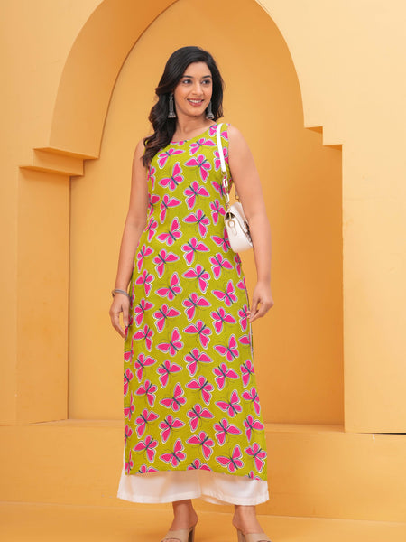 Women Floral Printed Sleeveless Cotton Kurta