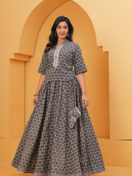 Women Ethnic Motifs Printed Regular Thread Work Kurta with Skirt