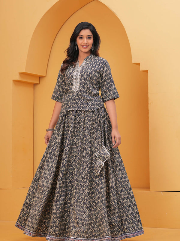Women Ethnic Motifs Printed Regular Thread Work Kurta with Skirt