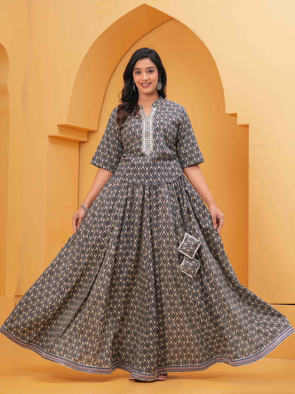 Women Ethnic Motifs Printed Regular Thread Work Kurta with Skirt