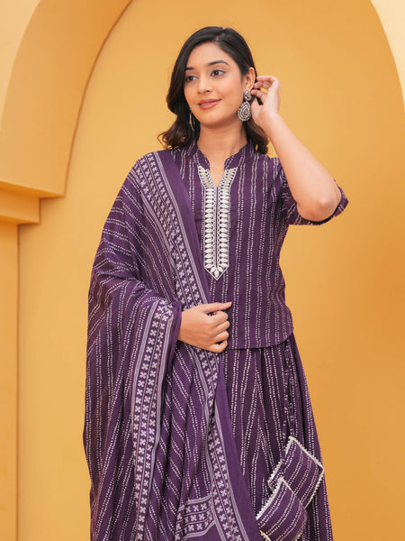 Purple Thread Work Kurta Skirt Dupatta Set