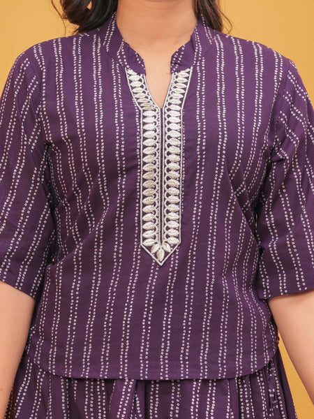 Women purple printed kurta skirt set
