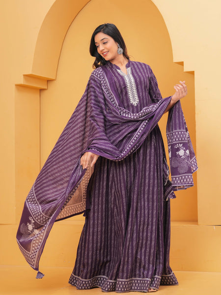Festive purple kurta skirt set with dupatta