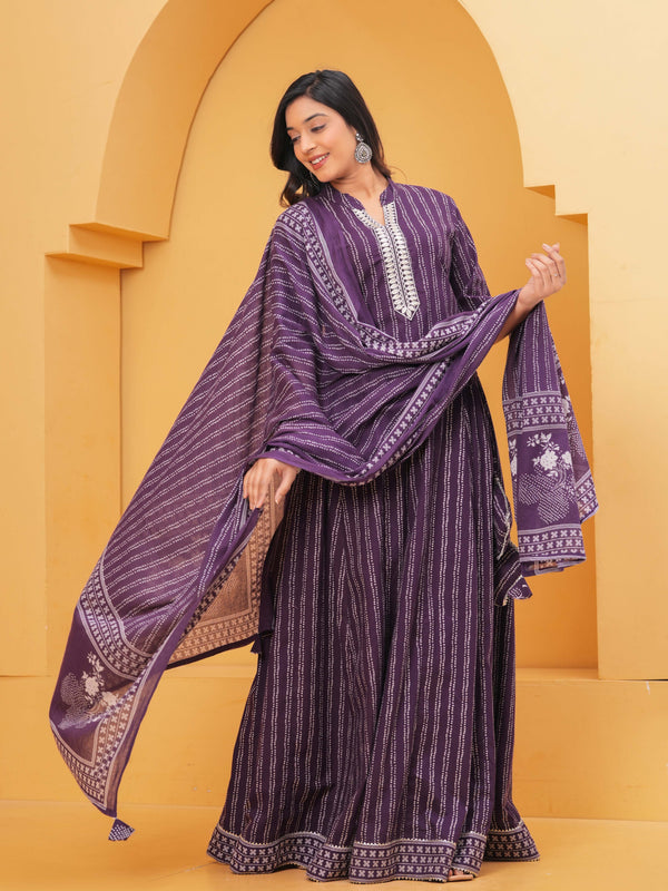 Festive purple kurta skirt set with dupatta