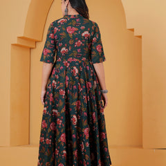 Green Floral Cotton Anarkali Kurta Set for Women