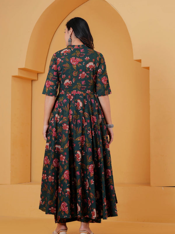 Green Floral Cotton Anarkali Kurta Set for Women