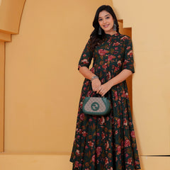 Green Floral Cotton Anarkali Kurta Set