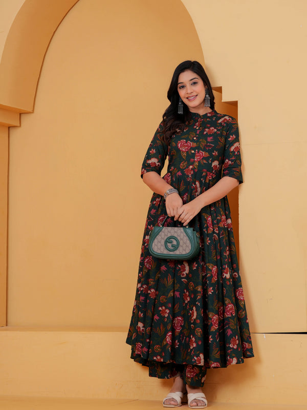 Green Floral Cotton Anarkali Kurta Set