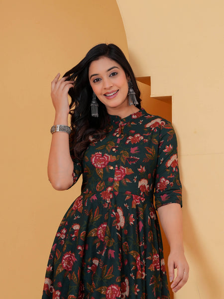 Pure cotton green Anarkali kurta set for festive wear