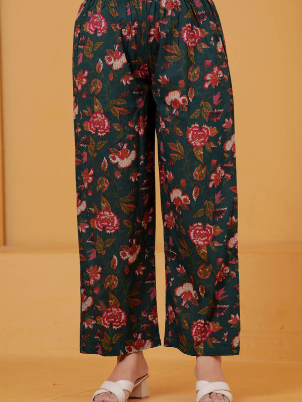Women green floral cotton Anarkali kurta set