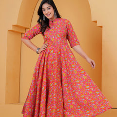Pink Floral Cotton Anarkali Kurta Set