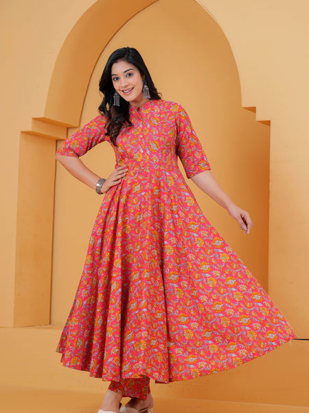 Pink Floral Cotton Anarkali Kurta Set