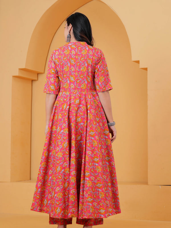 Pure cotton pink Anarkali kurta set for festive wear Back view