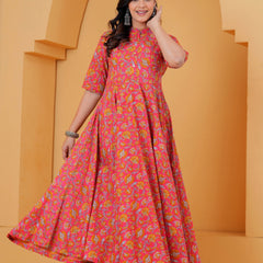 Pink Floral Cotton Anarkali Kurta Set for Women