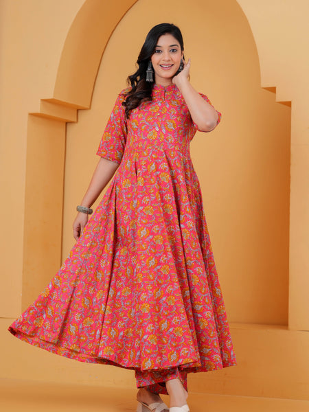 Pink Floral Cotton Anarkali Kurta Set for Women
