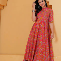 Women pink floral cotton Anarkali kurta set for Women
