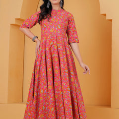 Pink printed Anarkali kurta with matching trousers
