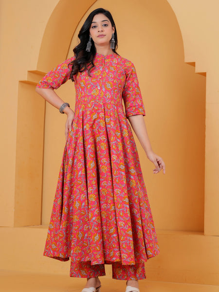 Pink printed Anarkali kurta with matching trousers

