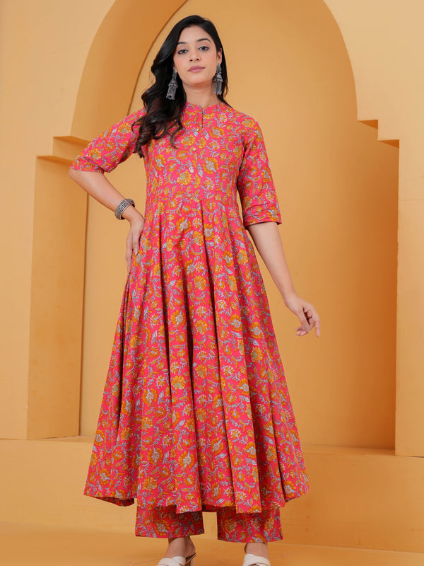 Pink printed Anarkali kurta with matching trousers
