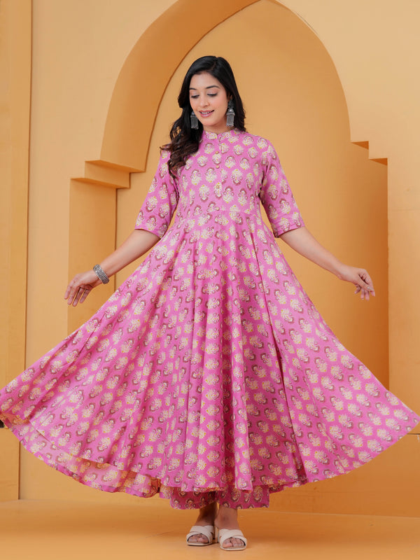 Purple Ethnic Motif Cotton Anarkali Kurta Set
