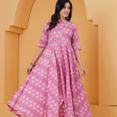 Purple Ethnic Motif Cotton Anarkali Kurta Set