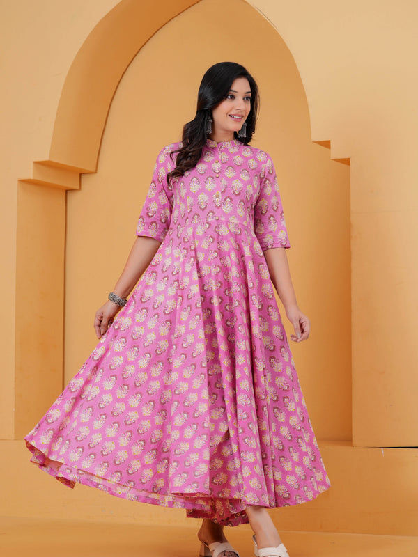 Purple Ethnic Motif Cotton Anarkali Kurta Set