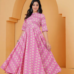 Purple Ethnic Motif Cotton Anarkali Kurta Set