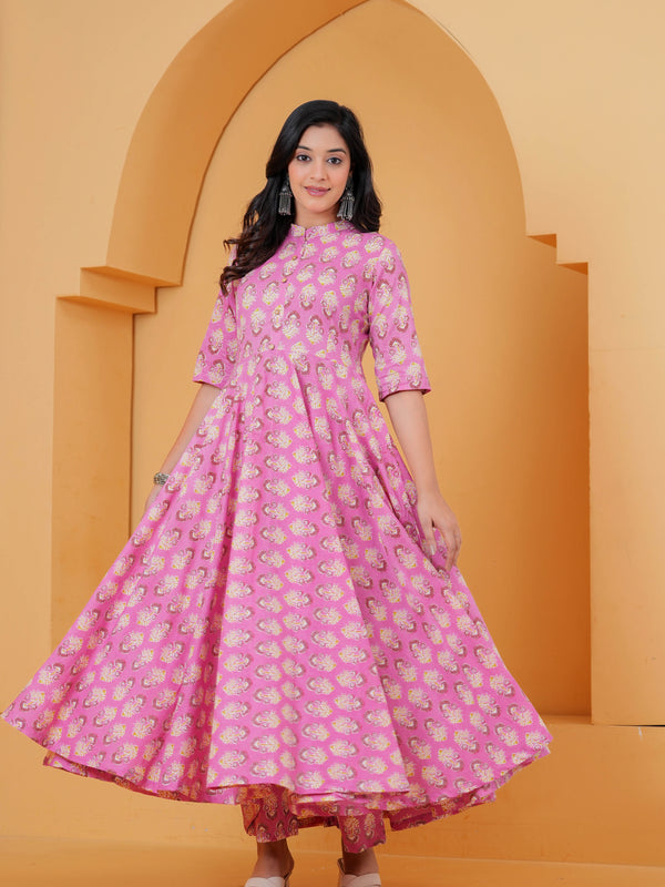 Purple Ethnic Motif Cotton Anarkali Kurta Set