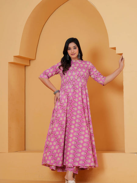 Purple Ethnic Motif Cotton Anarkali Kurta Set