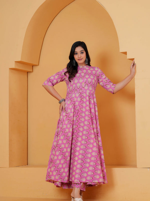 Purple Ethnic Motif Cotton Anarkali Kurta Set