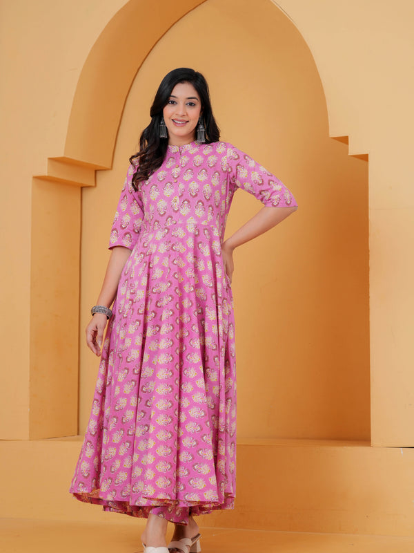 Purple Ethnic Motif Cotton Anarkali Kurta Set